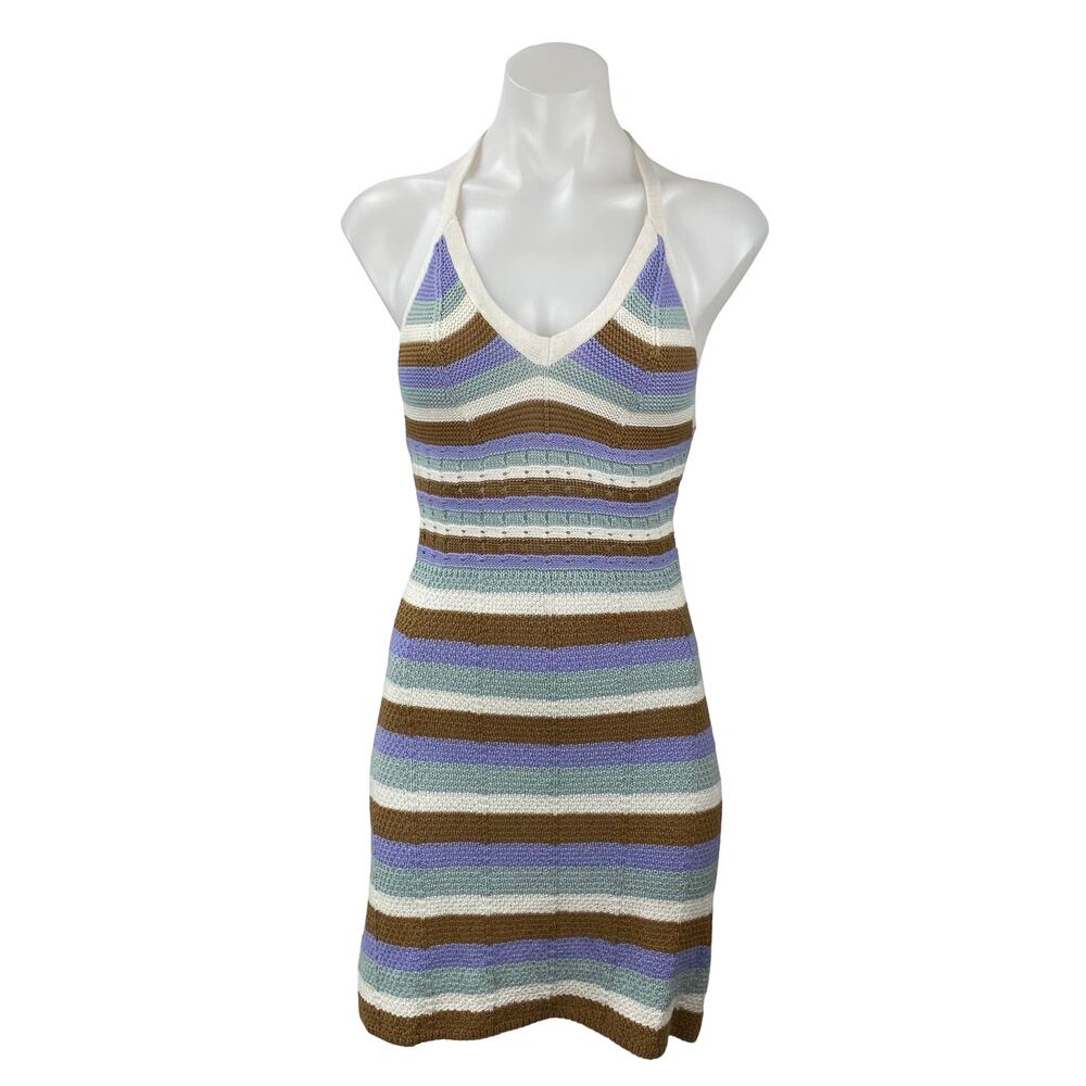 No Comment Multicolor Striped Knit Halter Backless V Neck Mini Bodycon Dress S